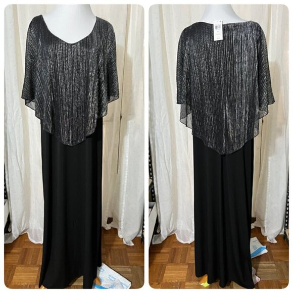 Connected Plus Size Metallic Cape-Overlay Gown Sz 18W in Black Silver - Picture 2 of 8